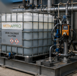 Cuve IBC de chlorure de fer raccordée avec pompe doseuse