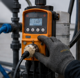 Technicien réglant la pompe doseuse de chlorure de fer